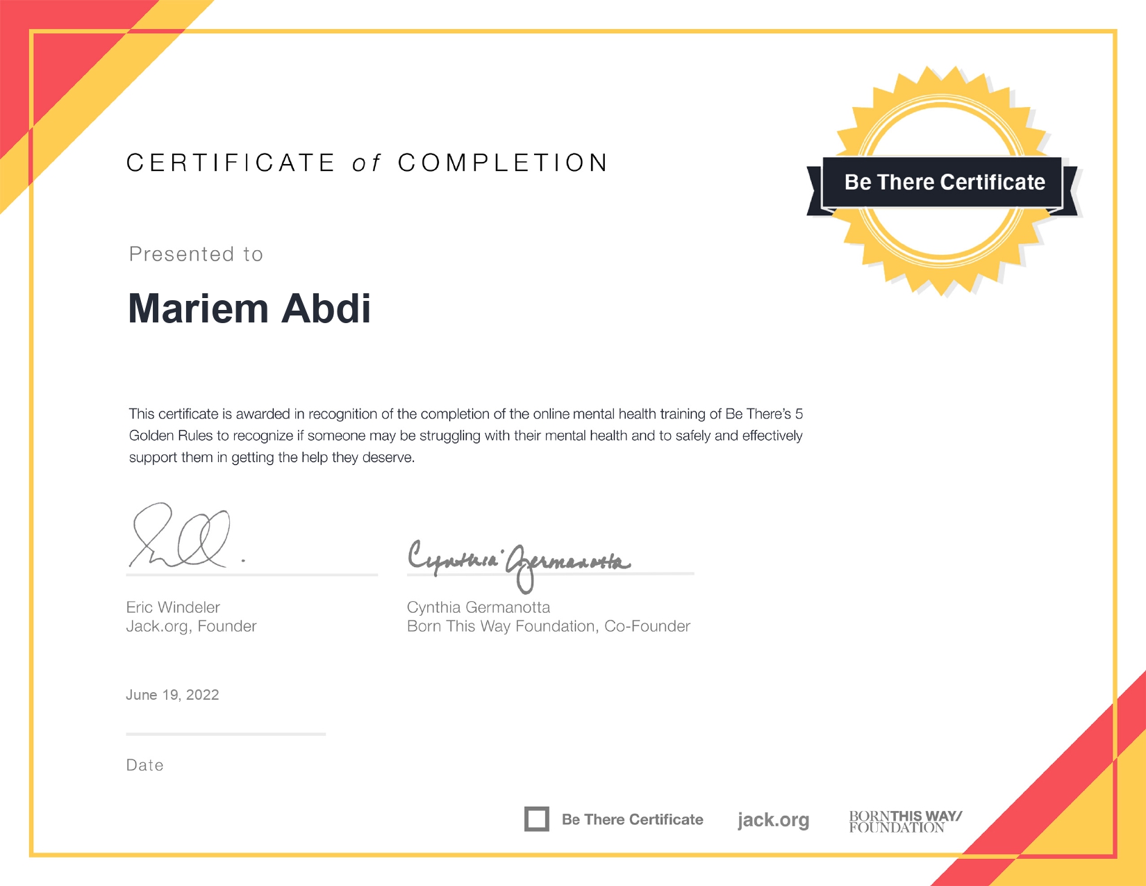 Be There Certificate Preview